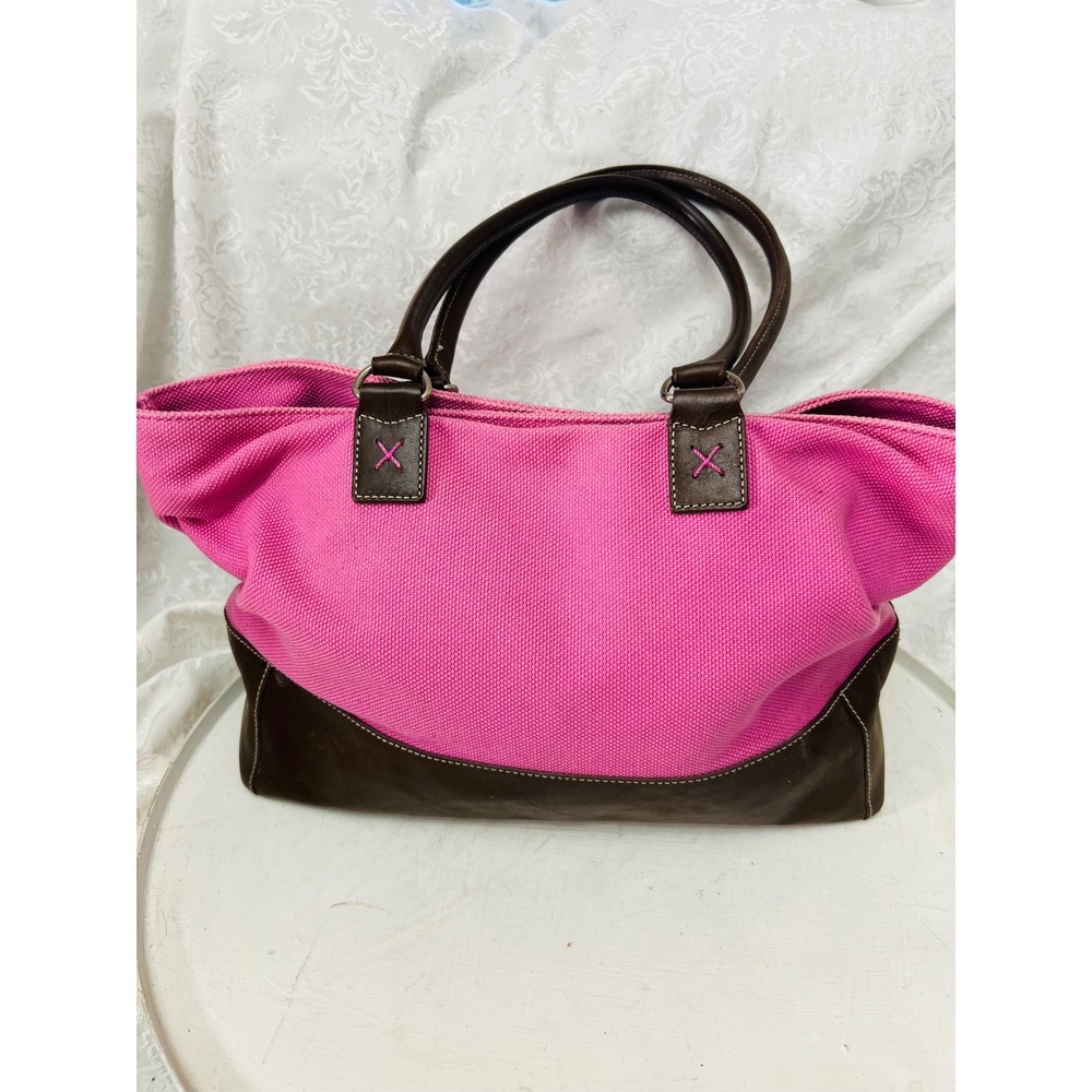 J. Jill Pink Canvas and Brown Leather Trim Tote Bag Handbag